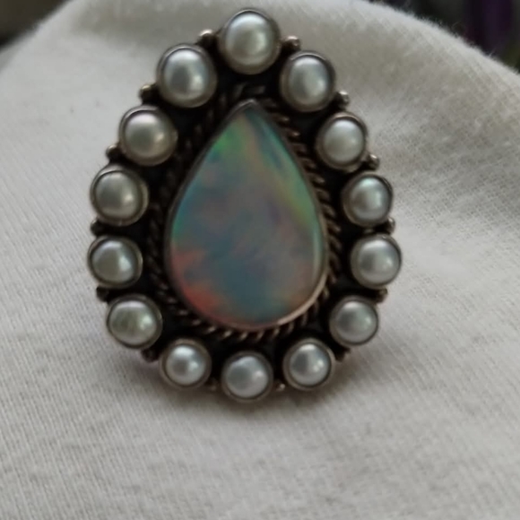 Real Sunset Opal and Pearl Sterling Silver Ring - Picture 3 of 3